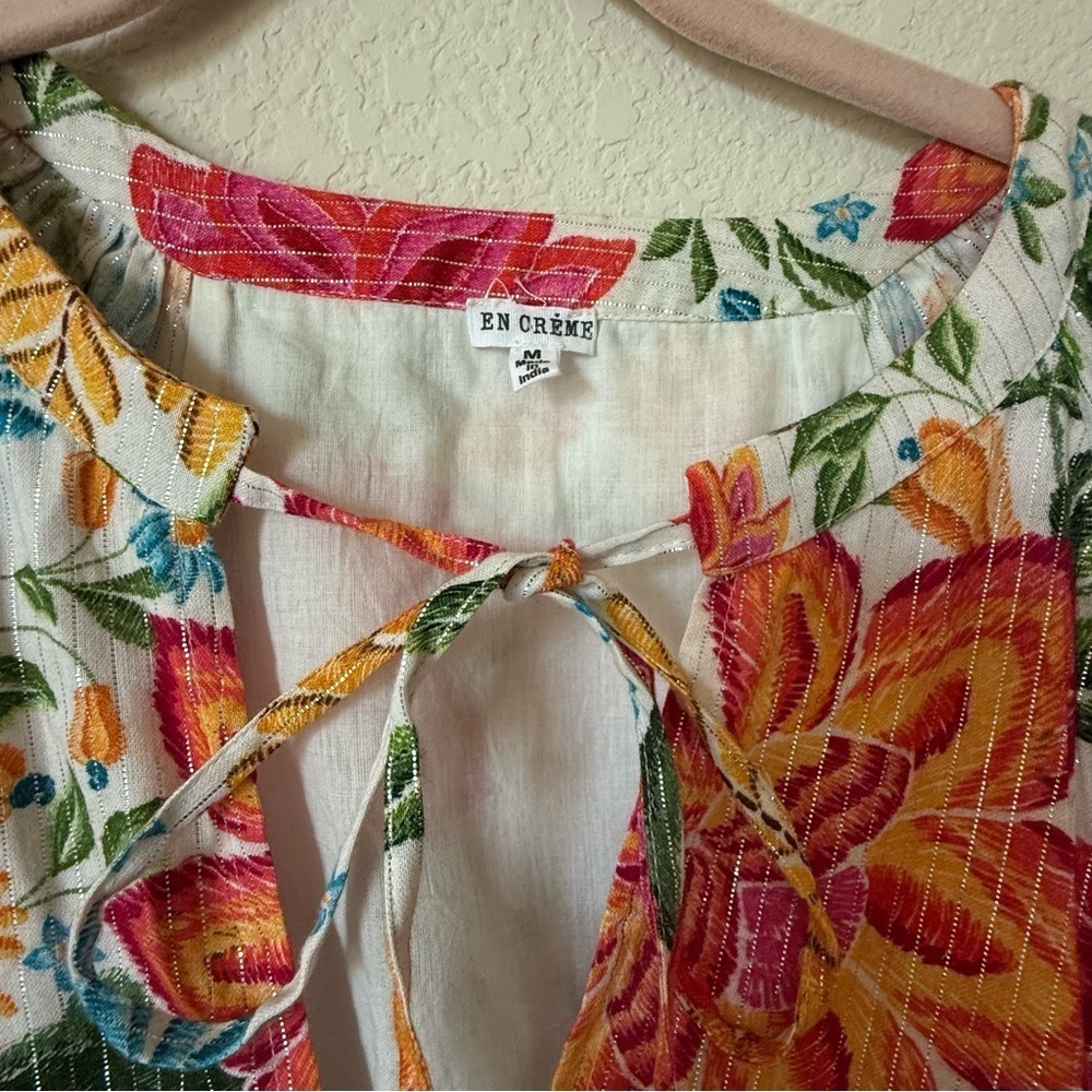 En Crème Floral Printed Puff Sleeve Tiered Mini Dress with Lurex Medium - Picture 7 of 15